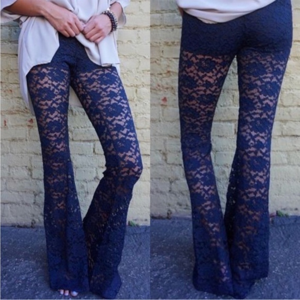 Show Me Your Mumu X Revolve Bam Bam Bells Pants Navy Blue Lace Size Small NWT